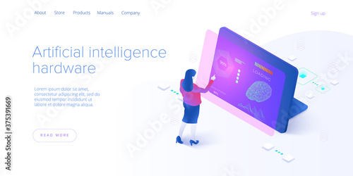 Artificial intelligence or neural network concept in isometric vector illustration. Neuronet or ai technology background with robot and human female. Web banner layout template.