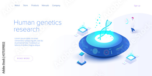 Human genetics concept in isometric vector illustration. DNA molecule or gene research technology. Medical innovations or biotechnology science background. Biology web banner template.