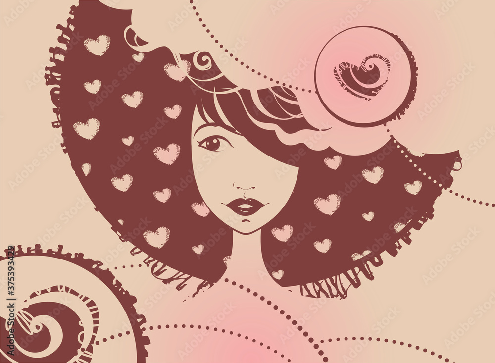 Portrait of smiling girl with decorative hearts and round abstract elements. Vector illustration. Portrait of smiling girl with decorative hearts and round abstract elements. Vector illustration.