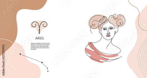 Zodiac background. Aries constellation. Horizontal banner. One line.