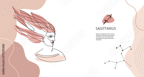 Zodiac background. Constellation Sagittarius. Horizontal banner. One line.