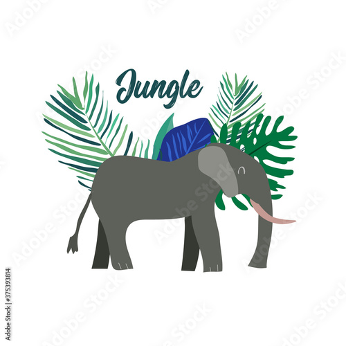  Jungle elephant with tropical leaves. Vector.