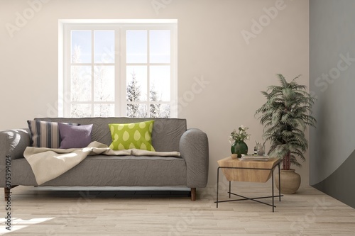 White stylish minimalist room with sofa. Scandinavian interior design. 3D illustration