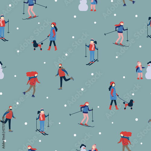 Seamless winter pattern with people. Holiday outdoor activities.