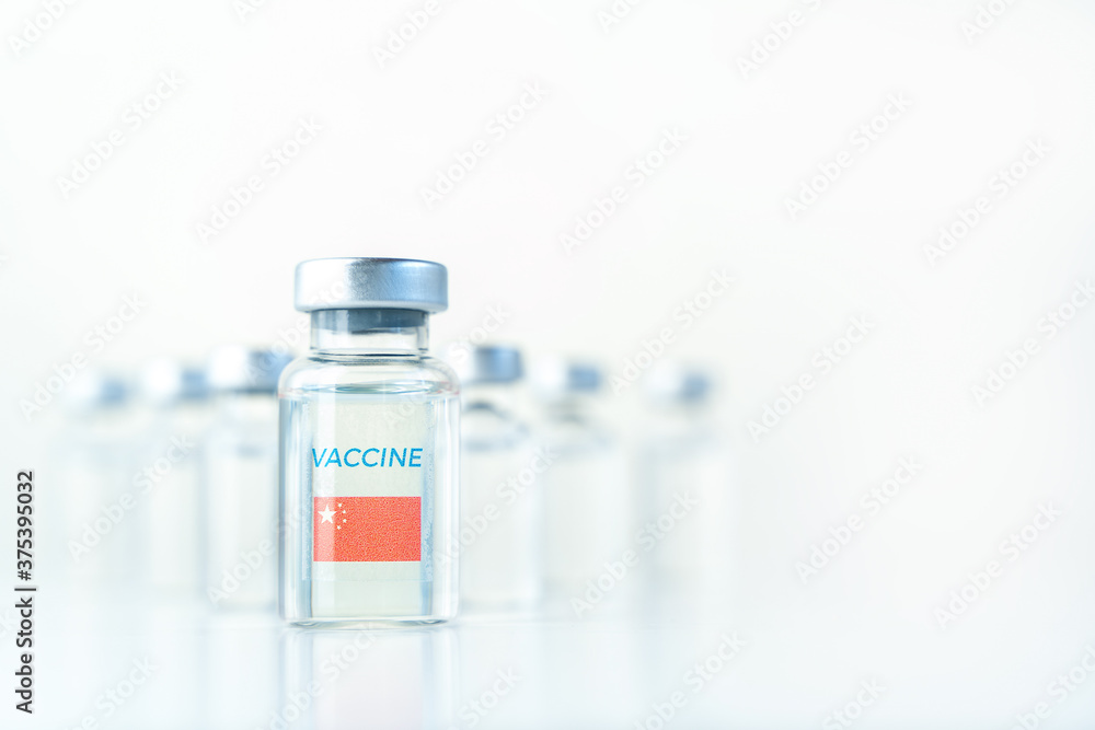Transparent vials with China flag. Vaccine for covid-19 coronavirus, flu, infectious diseases. Injection after clinical trials for vaccination of human, child, adult, senior. Medicine, drug concept