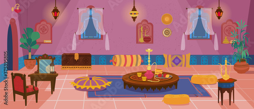 Traditional middle Eastern living room with furniture and decoration elements. Moroccan or Indian interior. Cartoon vector.