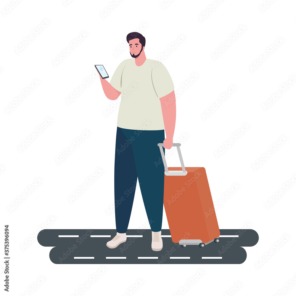 tourist man using smartphone with luggage on the street vector illustration design tourist man using smartphone with luggage on the street vector illustration design