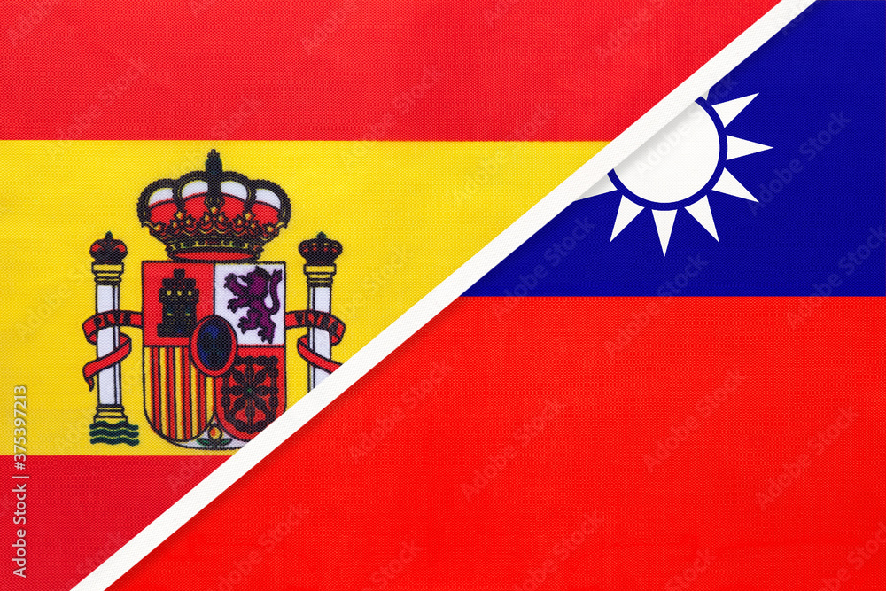 Spain and Taiwan, symbol of two national flags from textile. Partnership between European and Asian countries.