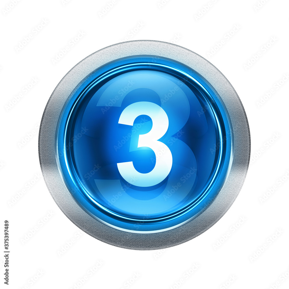 Number three icon blue with metallic edging. Isolated on white background. Number three icon blue with metallic edging. Isolated on white background.