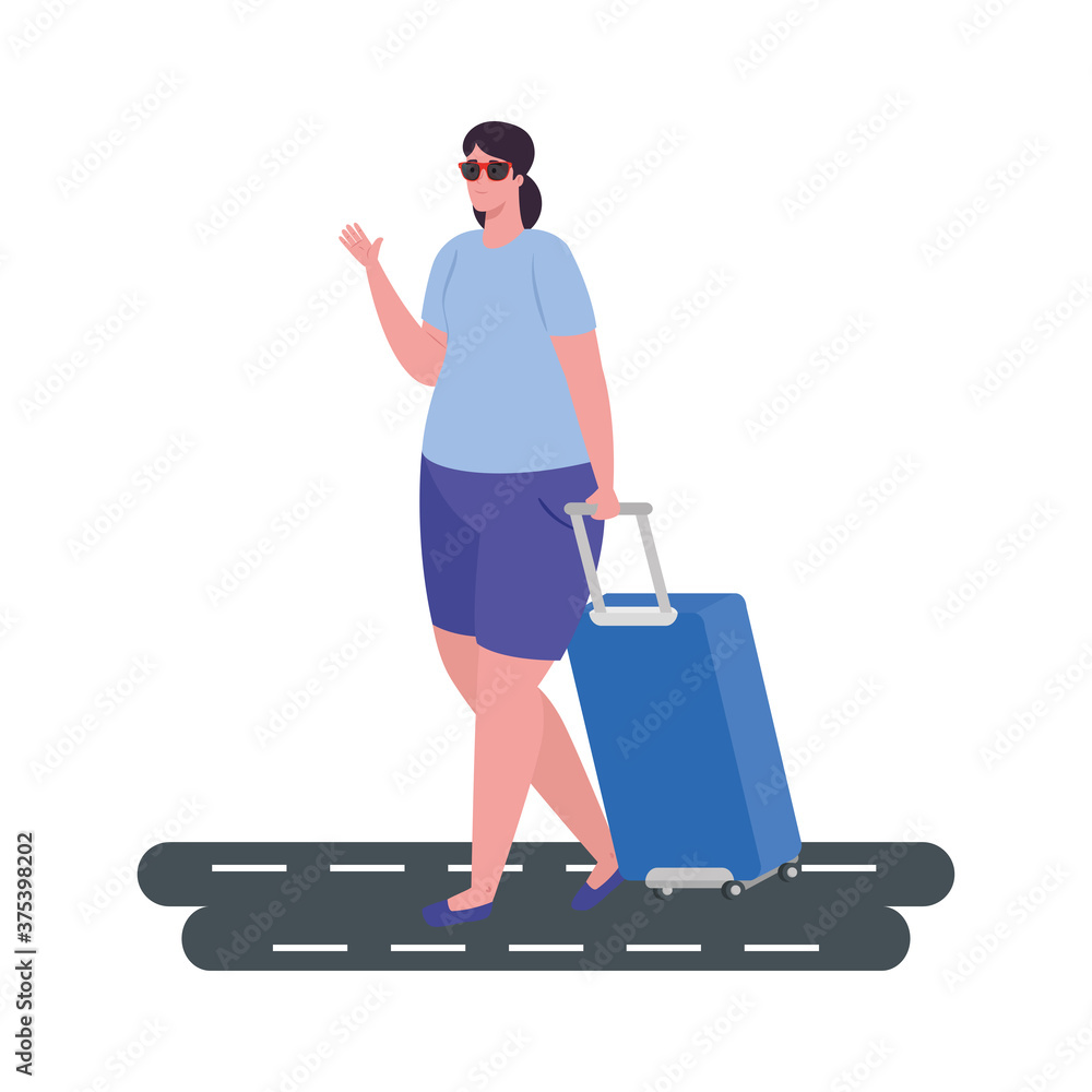 tourist woman walking with luggage in the street vector illustration design tourist woman walking with luggage in the street vector illustration design