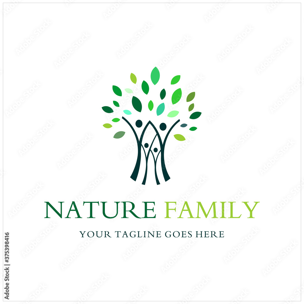 Obraz premium Simple Beauty Nature Happy Family Gathering with Green Leaf and Letter Nature Family Icon Logo Design Inspiration