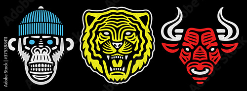 Roaring tiger poster. Vintage bull head. Retro monkey design.