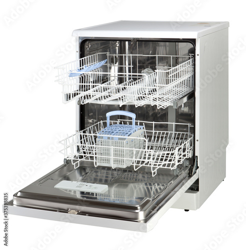 Obraz na plátně Open door dishwasher on white background