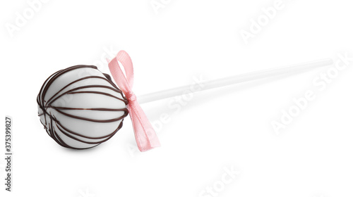 Tasty cake pop with chocolate on white background
