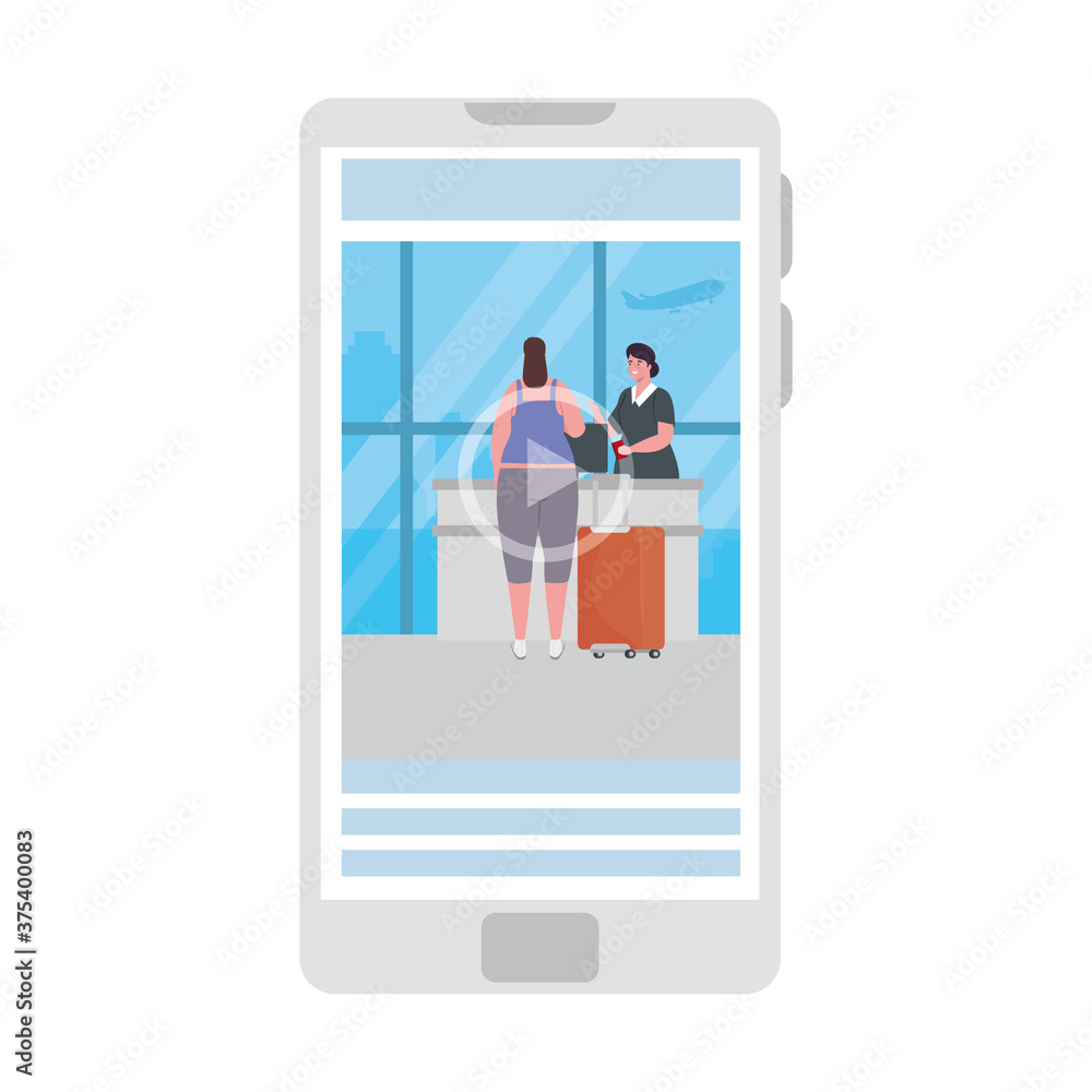 airport check in woman standing before travel in smartphone, app online travel vector illustration design airport check in woman standing before travel in smartphone, app online travel vector illustration design
