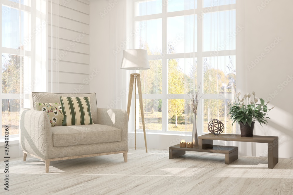 White stylish minimalist room with armchair and autumn landscape in window. Scandinavian interior design. 3D illustration White stylish minimalist room with armchair and autumn landscape in window. Scandinavian interior design. 3D illustration