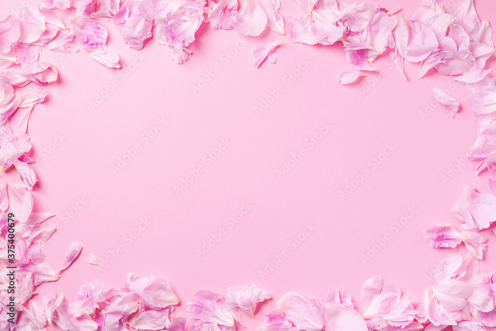 Pink background with peony petals. Top view. Floral print. Abstract blooming texture. Spring concept