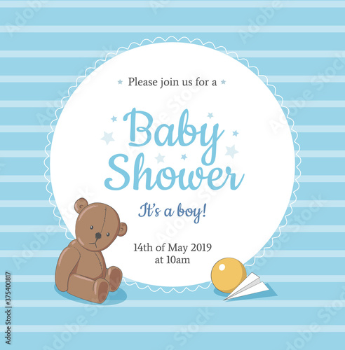Baby Shower invitation card template design for Boy, with cute Teddy bear toy illustration, ball and paper plane on blue striped background