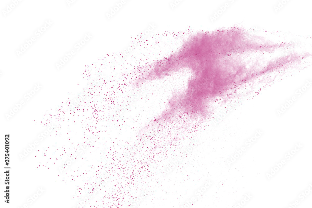 Freeze motion of pink color powder exploding on white  background. 