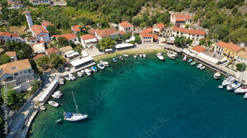 Aerial drone photo of picturesque beautiful seaside village of Kioni a safe anchorage for yachts and sail boats  a true gem of Ithaki or Ithaca island  Ionian  Greece