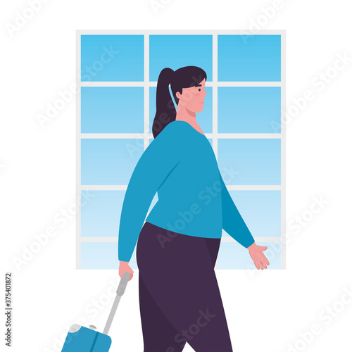 tourist woman walking with luggage on white background vector illustration design