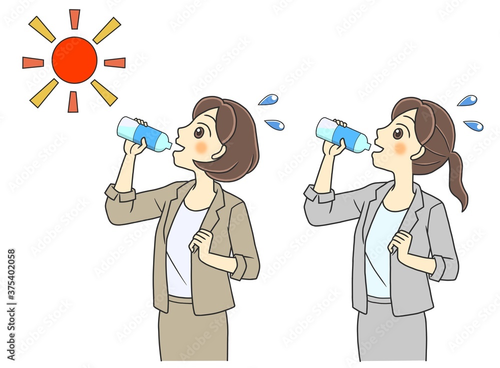 Two young women drinking water to prevent heat exhaustion Two young women drinking water to prevent heat exhaustion