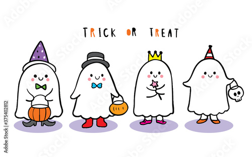 Cartoon cute Halloween day, Ghosts trick or treat vector.