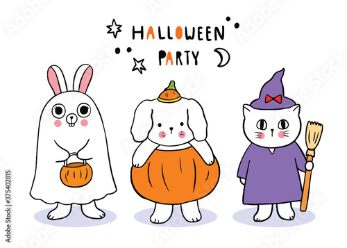 Cartoon cute Halloween day  Rabbit and Dog and cat trick or treat vector.