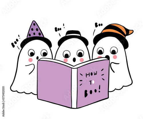 Cartoon cute Halloween day, Ghosts reading book vector.