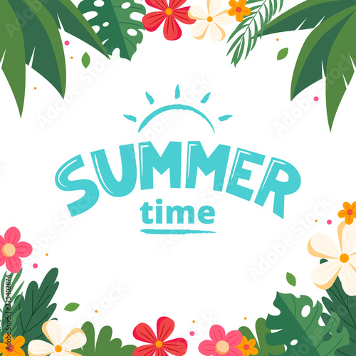 Summer lettering . Cute colorful floral frame. illustration in flat style