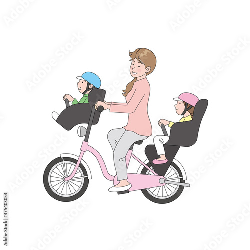 自転車に二人の子どもを乗せて走るたくましいママ