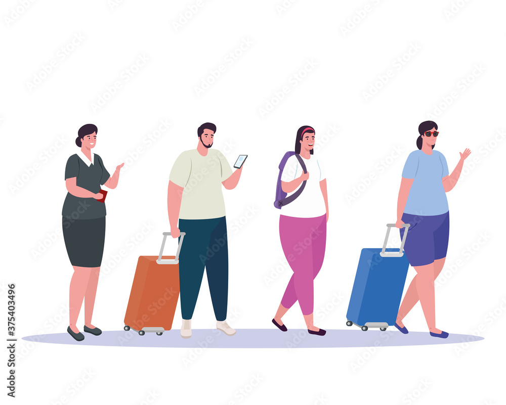 Fototapeta premium tourist people walking and stewardess in white background vector illustration design