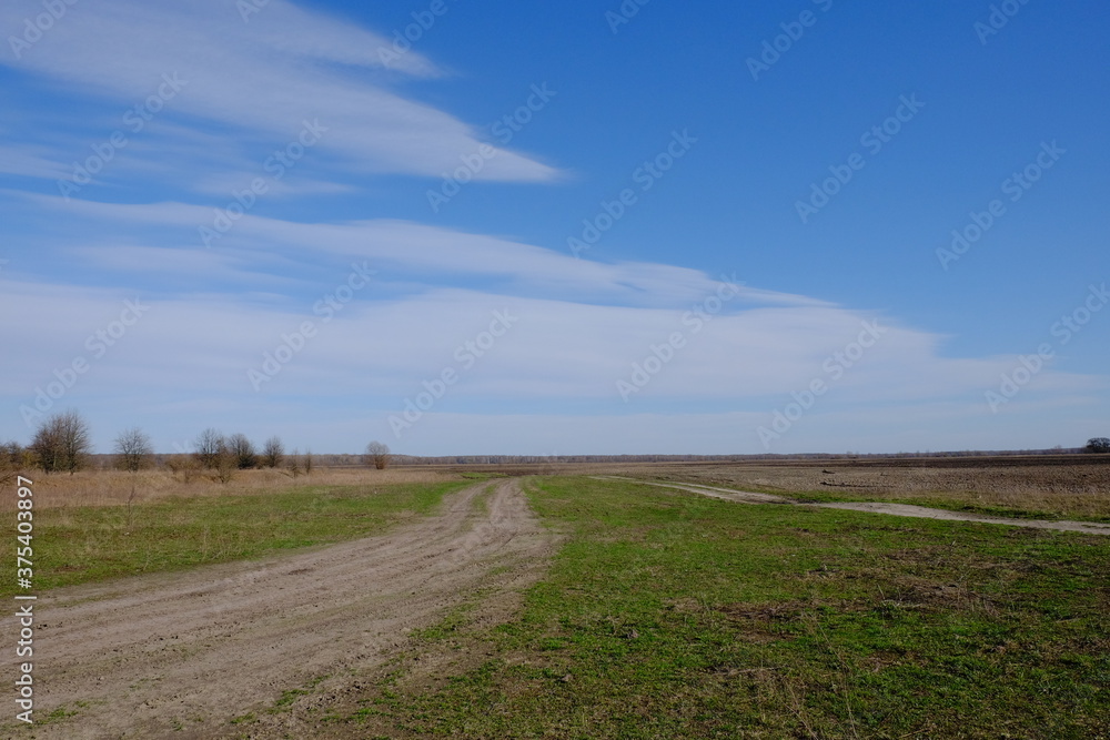 Dirt road in the fields on a spring day. Country landscape. Beautiful cloudy sky over the field.