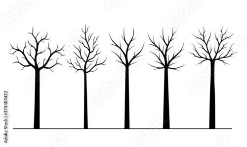 Set black naked Trees. Vector outline Illustration. Plant in Garden.