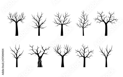 Set black naked Trees. Vector outline Illustration. Plant in Garden.