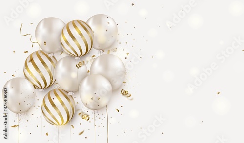 Celebration design with white helium balloons on a white. Anniversary. Happy birthday greeting card, template for sales, promotion, invitation.Vector.