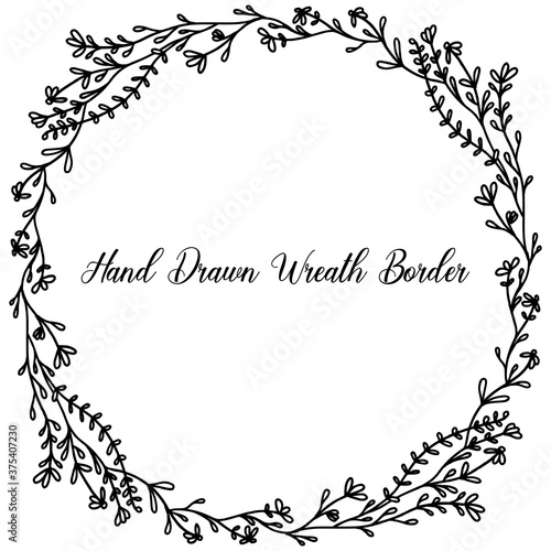 Line Art Hand Drawn Tiny Foliage Botanical Wreath. Monochrome creative tropical flower frame for greeting card, modern hand lettering.