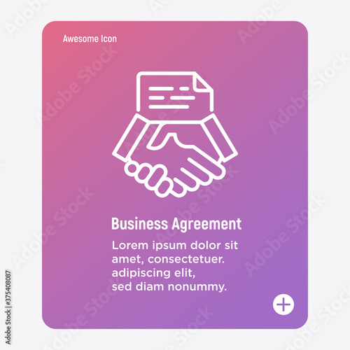 Business agreemnt thin line icon. Handshake and contract, partnership. Vector illustration. photo