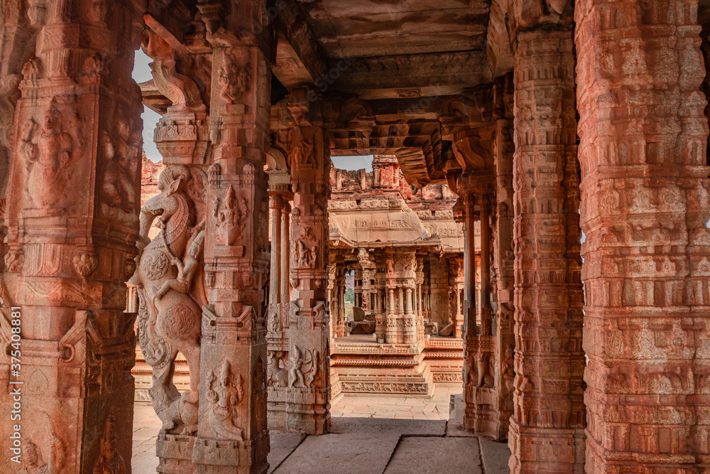 Vithala vithala temple hampi ruins interior antique stone art from unique angle ...