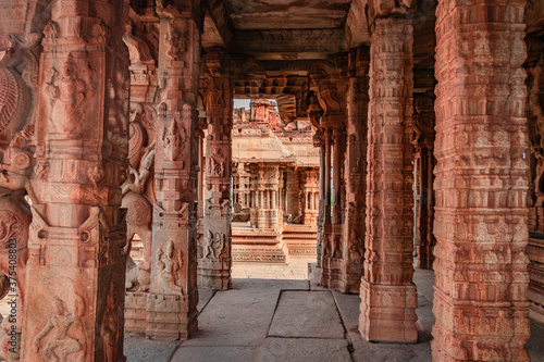 vithala temple hampi ruins interior antique stone art from unique angle photo