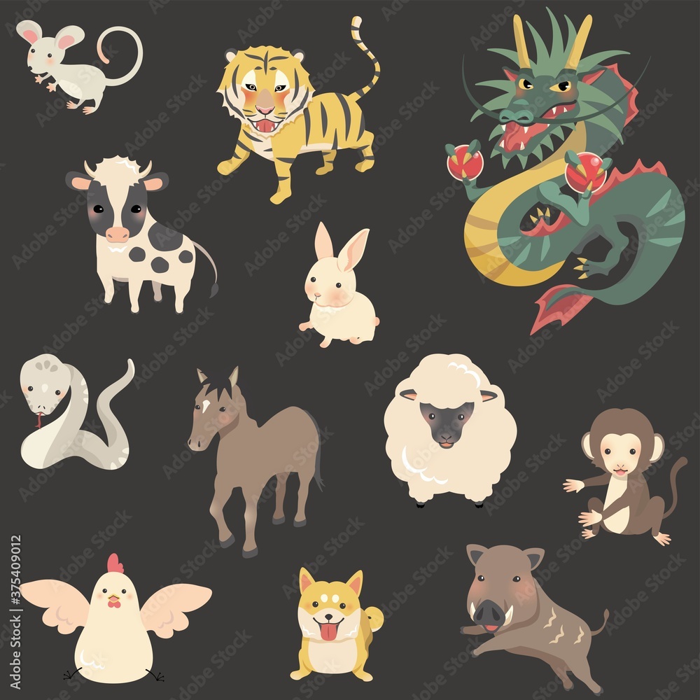 Fototapeta premium 干支 十二支セット 主線無し 黒背景