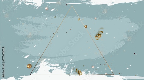 Abstract cadet blue background with golden triangle frame, confetti, decoration.Vintage vector template for invitation, promotional sales, holidays greeting card.