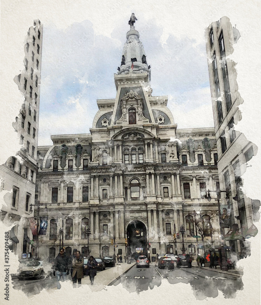 Philadelphia old city in watercolor