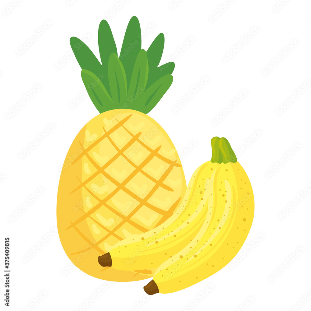 fresh fruits, bananas and pineapple, in white background vector illustration design fresh fruits, bananas and pineapple, in white background vector illustration design