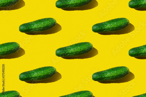 Pattern with a whole green cucumber with a hard clear shadow on a yellow background. Seamless texture