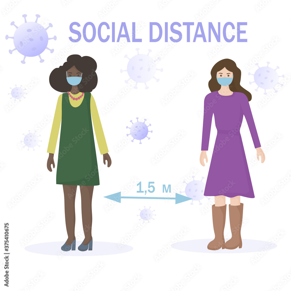 Warning about maintaining social distance during quarantine. Safety while walking. People walk in masks at a distance of 1.5 meters from each other. coronovirus epidemic