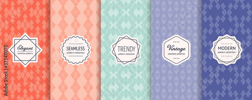Vector set of vintage seamless patterns in ethnic style. Retro geometric textures in trendy pastel colors. Pattern collection with elegant minimal stickers. Christmas ornament. Abstract backgrounds