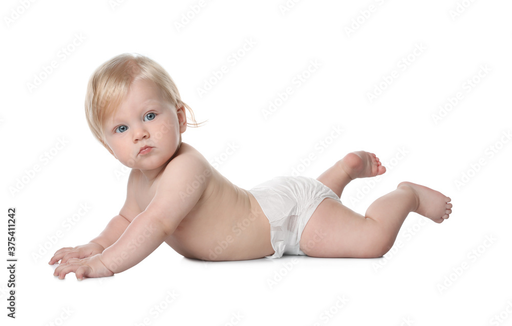 Cute little baby in diaper on white background