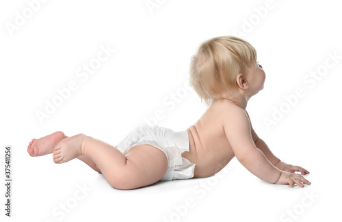 Cute little baby in diaper on white background © New Africa