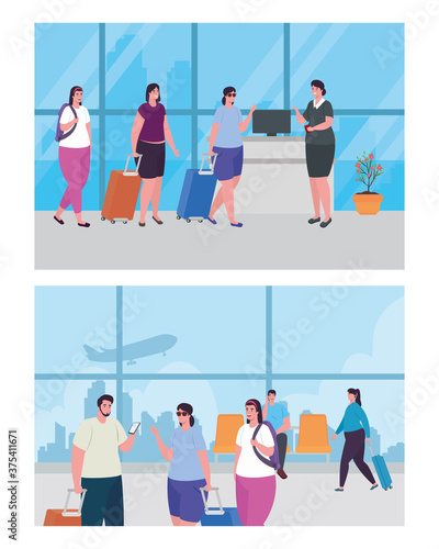 set scenes of people and stewardess in the airport terminal vector illustration design
